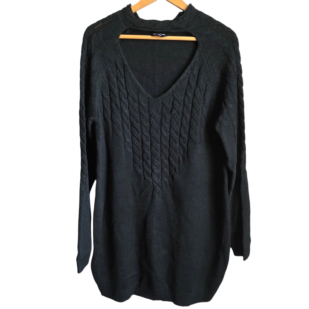 Bebe Black V-Neck Cutout Detail Cable Knit Long Sleeve Sweater Dress Size XL
